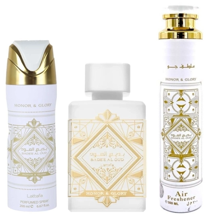 Set Badee Al Oud Honor & Glory 100ml + Air Freshener 300ml + Perfumed Spray Set Badee Al Oud Honor & Glory 100ml + Air Freshener 300ml + Perfumed Spray
