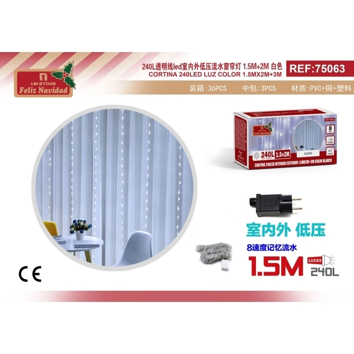 CORTINA 240LED INTERIOR/EXTERIOR 1.5MX2M+3M COLOR BLANCO CORTINA 240LED INTERIOR/EXTERIOR 1.5MX2M+3M COLOR BLANCO