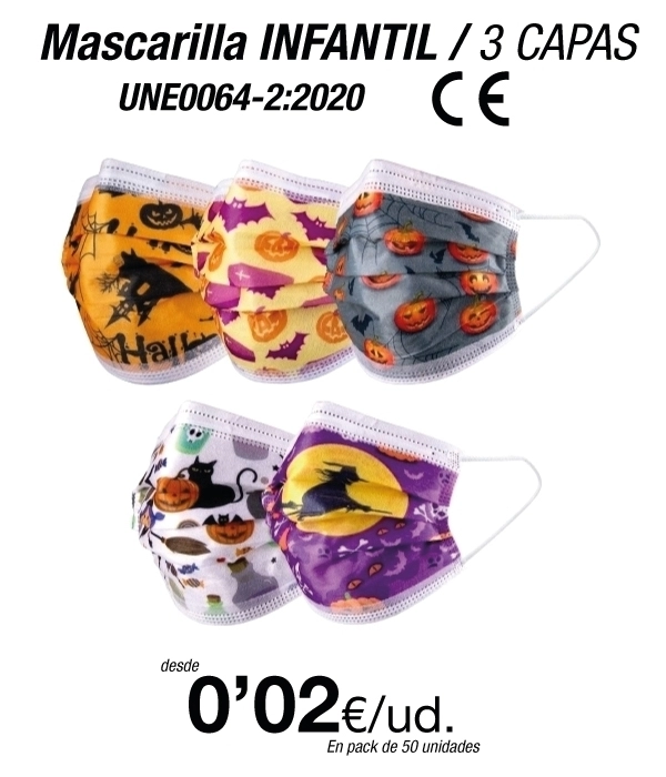 Mascarillas Higiénicas Halloween infantil de tres capas Talla Pequeña Mascarillas Higiénicas Halloween infantil de tres capas Talla Pequeña