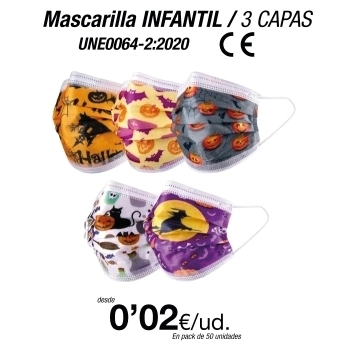Mascarillas Higiénicas Halloween infantil de tres capas Talla Pequeña Mascarillas Higiénicas Halloween infantil de tres capas Talla Pequeña