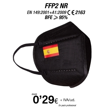 Mascarillas FFP2 5 Capas Negras con bandera Española, con certificación europea Mascarillas FFP2 5 Capas Negras con bandera Española, con certificación europea