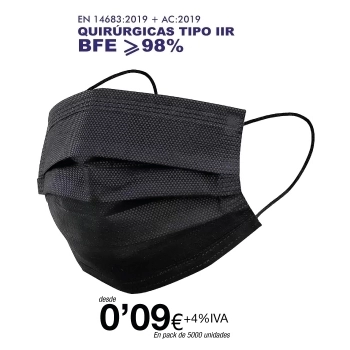 Mascarillas quirúrgicas Negras tipo IIR de 3 Capas (certificación sanitaria, 4% Mascarillas quirúrgicas Negras tipo IIR de 3 Capas (certificación sanitaria, 4%